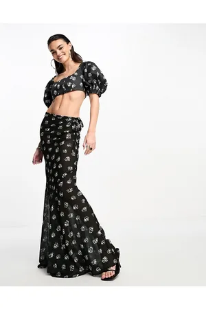 DAY 6 Mesh tie side maxi skirt co-ord in black ditsy print