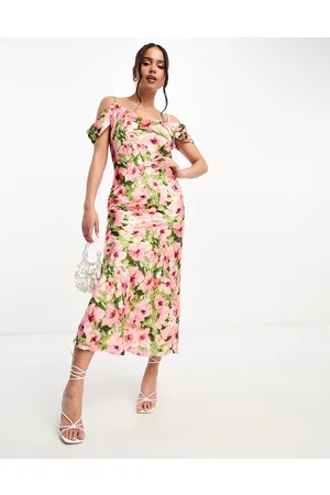 HOPE & IVY Cold shoulder satin midaxi dress in pink floral