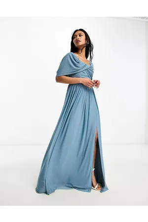 Little Mistress Bridesmaids bardot gathered maxi dress in mesh in