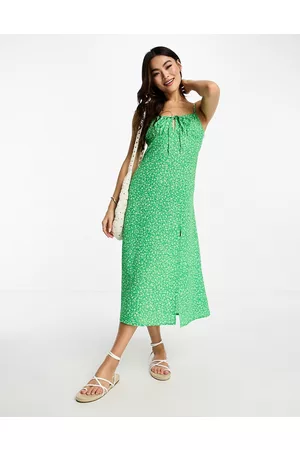 Monki Strappy midi dress with split in ditsy