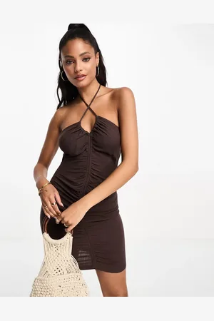 Pull&Bear Ruched linen look halterneck mini dress in