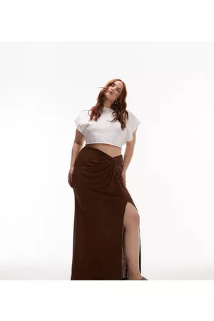 Topshop Curve slinky twist front maxi skirt in chocolate