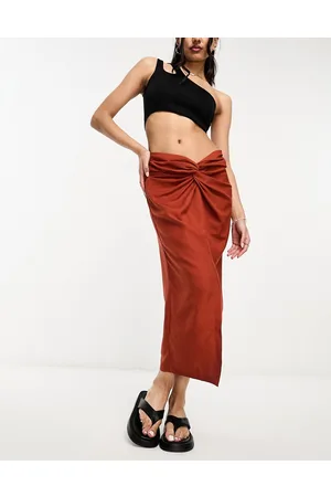 Threadbare Linen look knot front midi skirt in rust