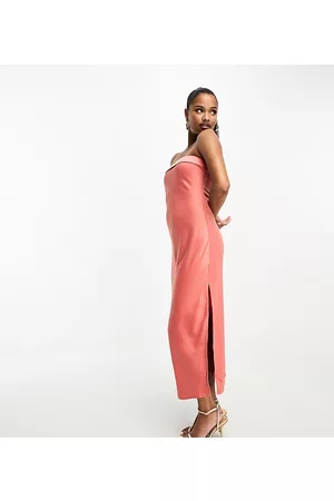 In The Style Exclusive satin bandeau midi slip dress in coral