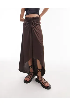 Topshop Textured slinky ruched front jersey midi skirt in chocolate