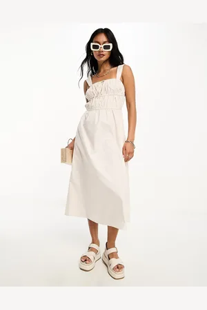 Lola May Shirred tie front midi dress in stone