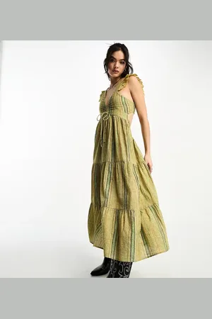 Reclaimed Prairie midi dress in blurred green and brown stripe