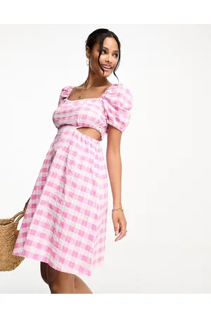 Monki Balloon sleeve cut out mini dress in gingham