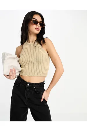 ASOS Knitted crop racer vest in chunky stitch in stone