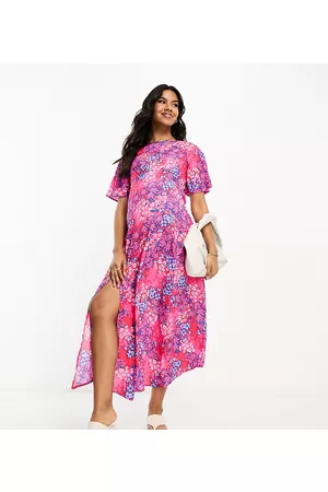 Influence Flutter sleeve midi tea dress in and blue floral print