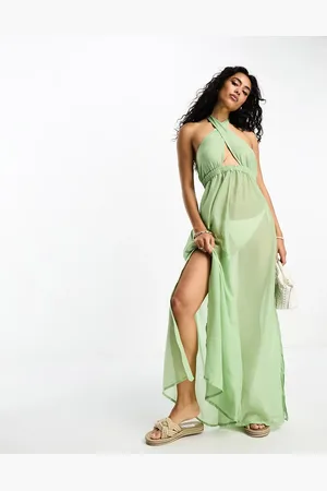VERO MODA Cross over halterneck beach maxi dress in sage