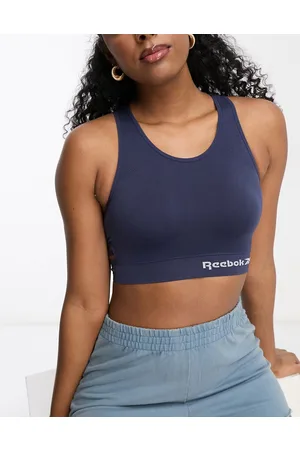 Reebok Kerys logo crop top sports bra in blue and cream