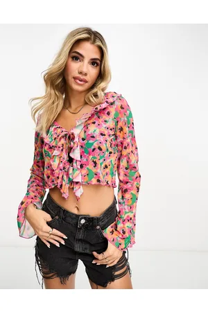 Monki Mesh frill tie front cardigan in floral