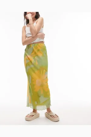 Topshop Plisse sunflower print midi skirt in