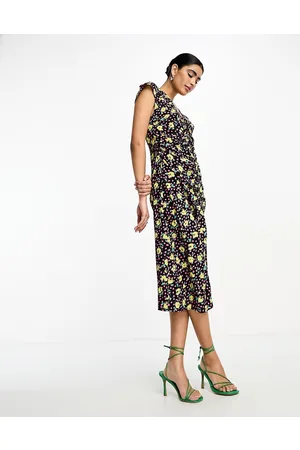 VILA Cap sleeve ruched front midi dress in yellow and pink floral