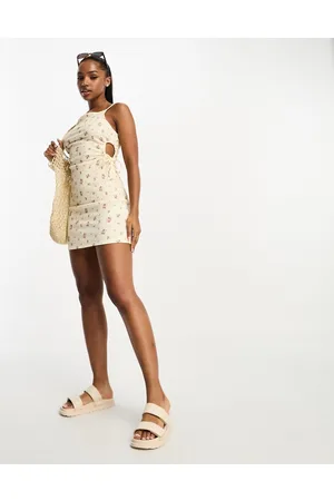 Pieces® Drawstring side cami dress in cream ditsy