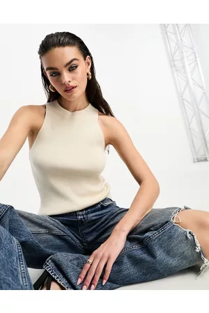 SELECTED Femme racer neck knitted vest in cream