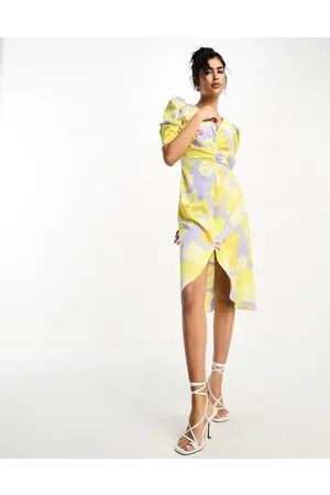 VILA Satin split front midi dress in lilac and yellow floral