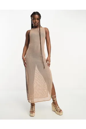 SNDYS Crochet side split maxi dress in beige