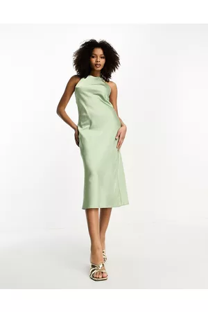 Lola May Satin halter neck midi dress in sage