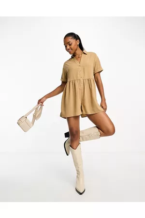 Miss Selfridge Linen look soft shirt playsuit in stone