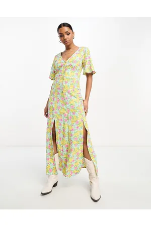 Miss Selfridge Angel sleeve button through maxi dress in bright cluster floral