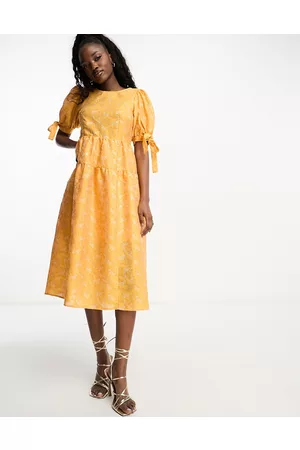 Monki Balloon sleeve floral shimmer brocade midi dress in