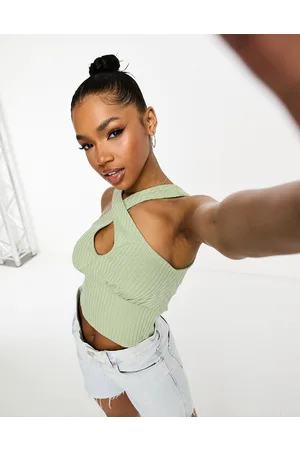 VERO MODA Ribbed cross neck top in sage