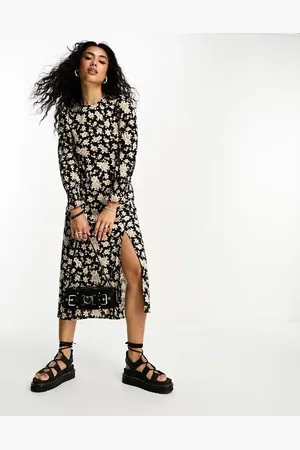 MANGO Long sleeve structured shoulder split leg floral printed midi dress in beige and black