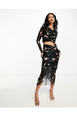 AllSaints Tessa co-ord printed mesh midi skirt in black