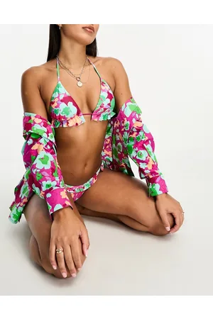 ONLY Ruffle detail triangle bikini top co-ord in pink floral