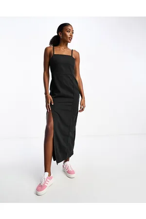Monki Denim midi pinafrore dress in