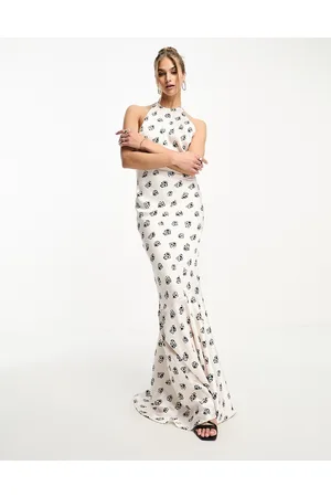 DAY 6 Satin high neck puddle maxi dress with low back in cream ditsy print