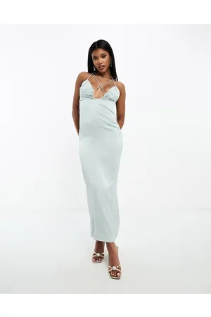 Kaiia Satin cross front halterneck maxi dress in soft