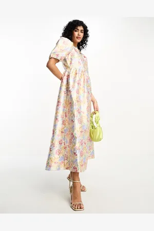 VILA Shimmer jacquard midi prom dress in pastel floral