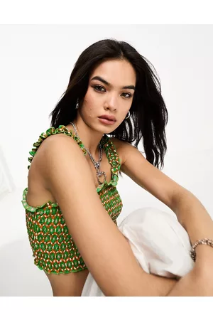 ONLY Shirred cropped top in multi geometric print