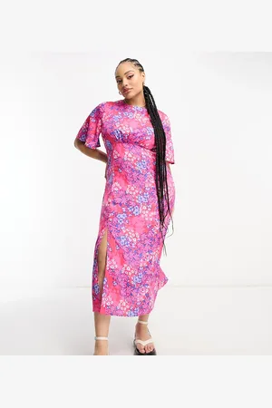 Influence Flutter sleeve midi tea dress in and blue floral print