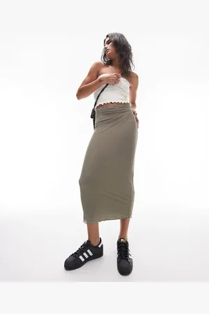 Topshop Wide lace trim midi skirt in sage