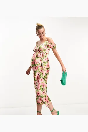 HOPE & IVY Cold shoulder satin midaxi dress in pink floral