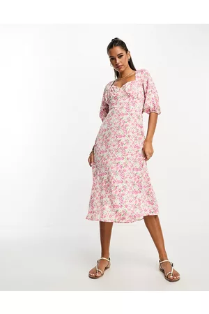 Lola May Tie back puff sleeve midi smock dress in floral print