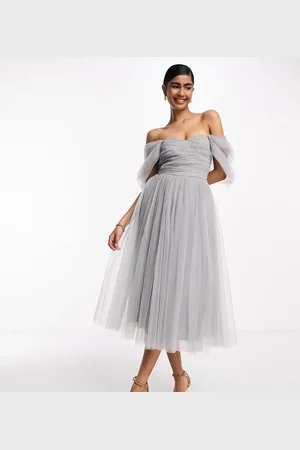 Lace & Beads Bridesmaid off shoulder midi dress in dusty
