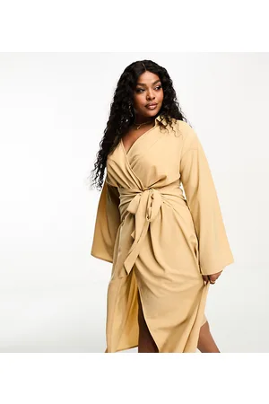 Pretty Lavish Wrap midi shirt dress in camel