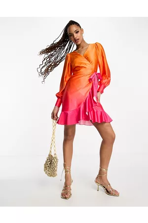 Style Cheat Ombre satin wrap mini dress in orange and pink