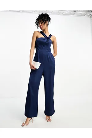 Little Mistress Asymmetrical satin jumpsuit in navy