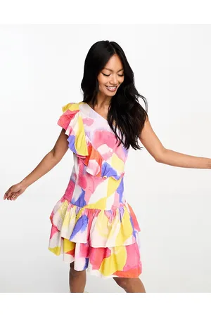 French Connection One shoulder mini ruffle dress in multicolour paint splash
