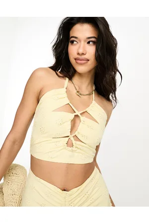 Threadbare Broderie cut out halter neck crop top co-ord in