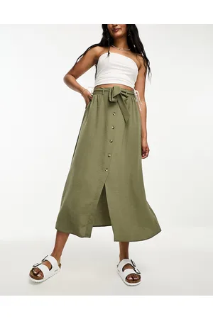 ASOS Button through midi skirt with tie waist in khaki