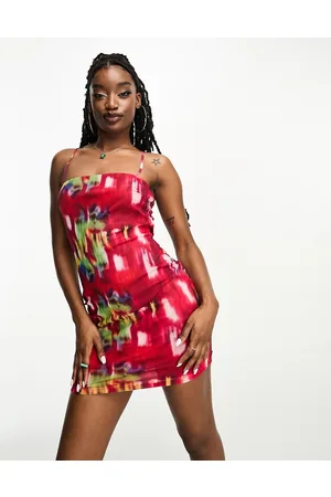NaaNaa Cami bodycon dress with tie back detail in red abstract print