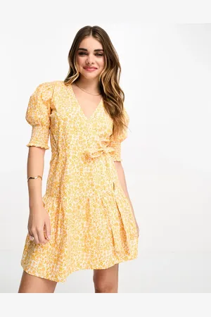 Influence Wrap front cotton mini dress in ornge floral print