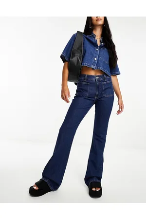 MANGO Low rise pocket detail flared jean in denim